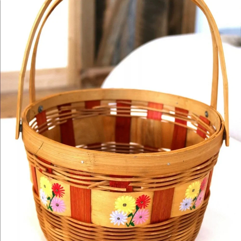 Painted 🌸 Split Oak Basket Double‎ Hinged Handles